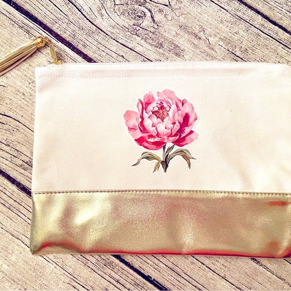 NEW. Large cotton canvas bag with faux golden leather. Flower vinyl print. - Picture 2 of 5